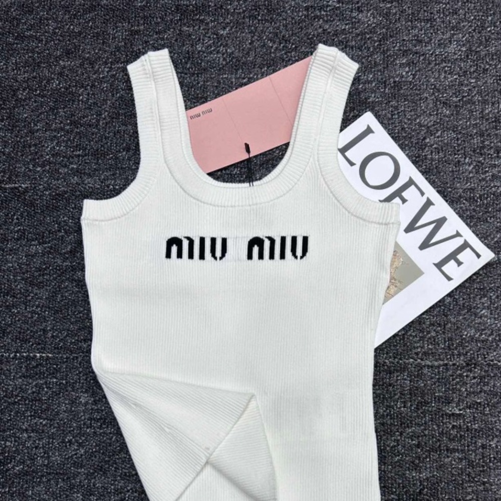 Miu Miu White Ribbed Logo Bandeau Tank